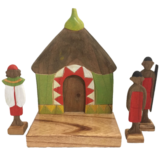 Papoose Wooden Africa Hut and 3 Masaai Warriors
