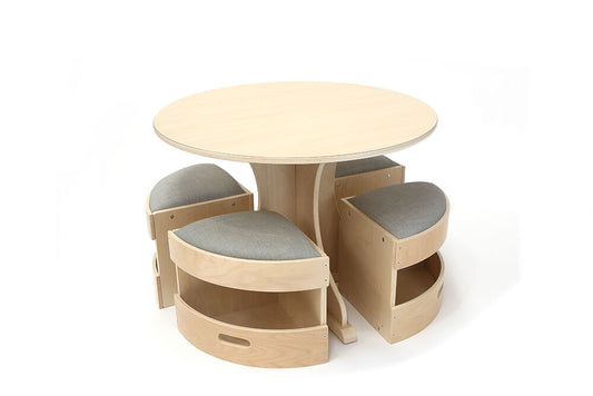 Billy Kidz Round Wooden Table - with 4 Padded Stools