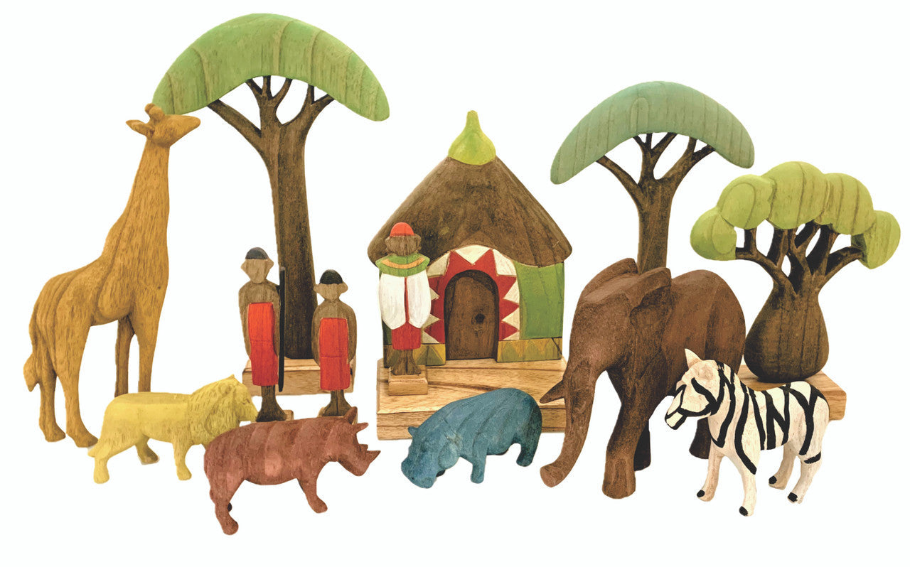 Papoose Wooden Africa Hut and 3 Masaai Warriors