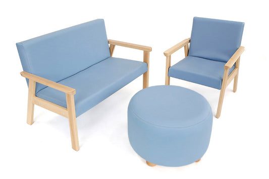 Lounge Set 3 Piece - Beech wood frame with Faux Leather Cushions - Blue :Estimated Dispatch Date: 07-July-2024
